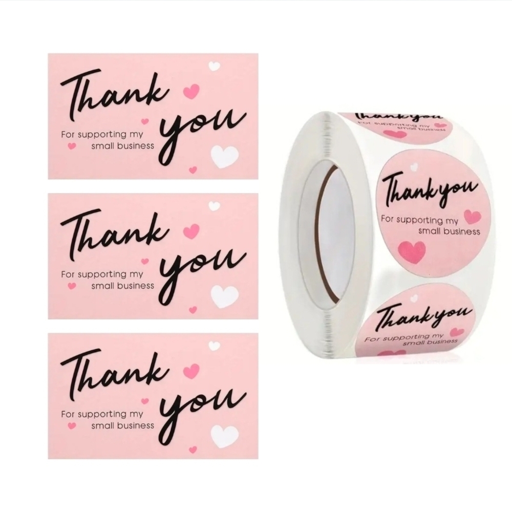 Set Of 550 - 50 Thank You Cards and 500 Thank You Stickers Set Pink